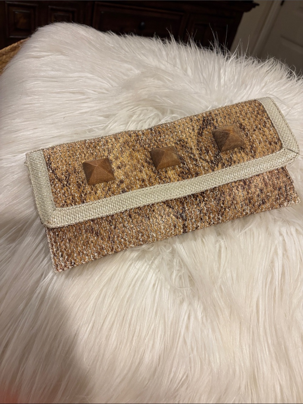 Boutique 9 Tan Woven Clutch with Stud Accents